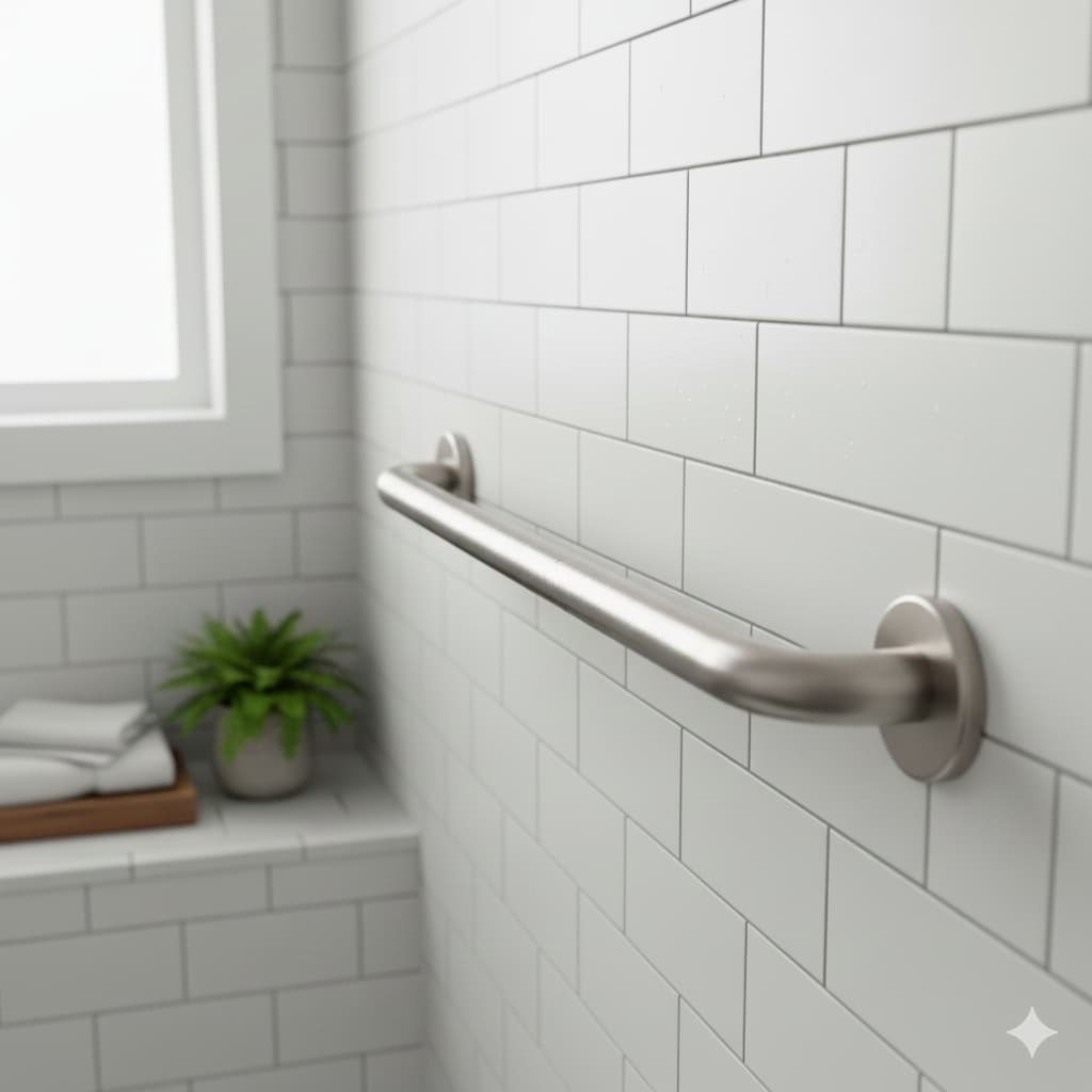 A professional ADA-compliant brushed nickel grab bar installed on white subway tile, part of a senior home safety upgrade in Tulsa.