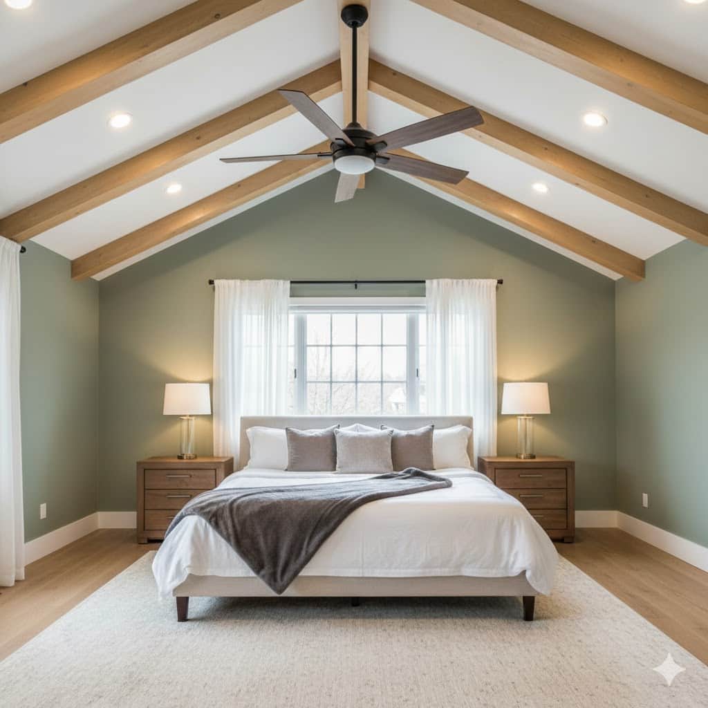 A modern master bedroom in Tulsa featuring a newly installed contemporary ceiling fan and dimmable recessed LED lighting.