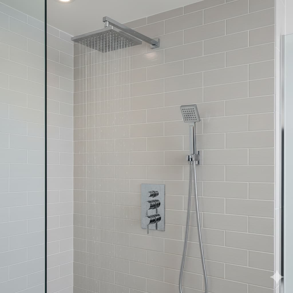 A modern chrome dual-shower head system with a rainfall head and a handheld wand on a slide bar, professionally installed against grey subway tile in a Tulsa bathroom.
