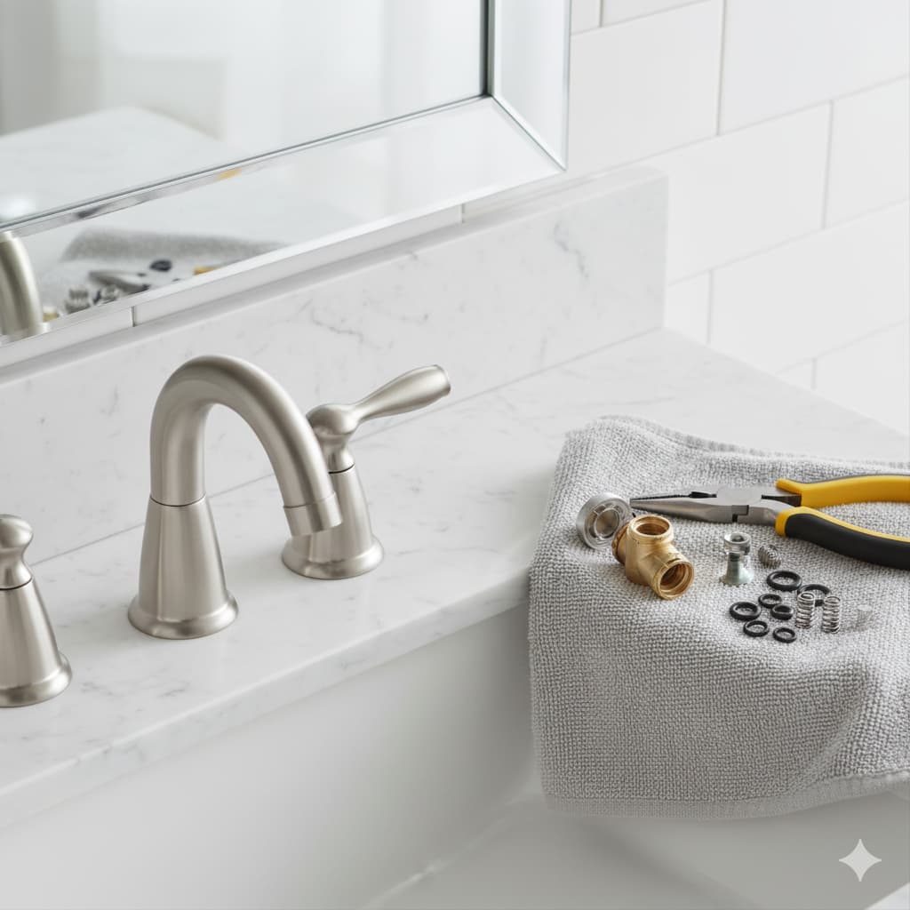 Professional handyman repairing a leaking kitchen faucet in Tulsa OK, showing the internal cartridge being replaced to stop a drip.