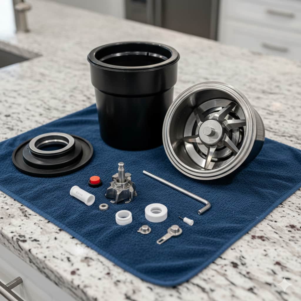 A black garbage disposal unit sitting on a clean towel on a granite kitchen countertop during a repair service in Tulsa OK.