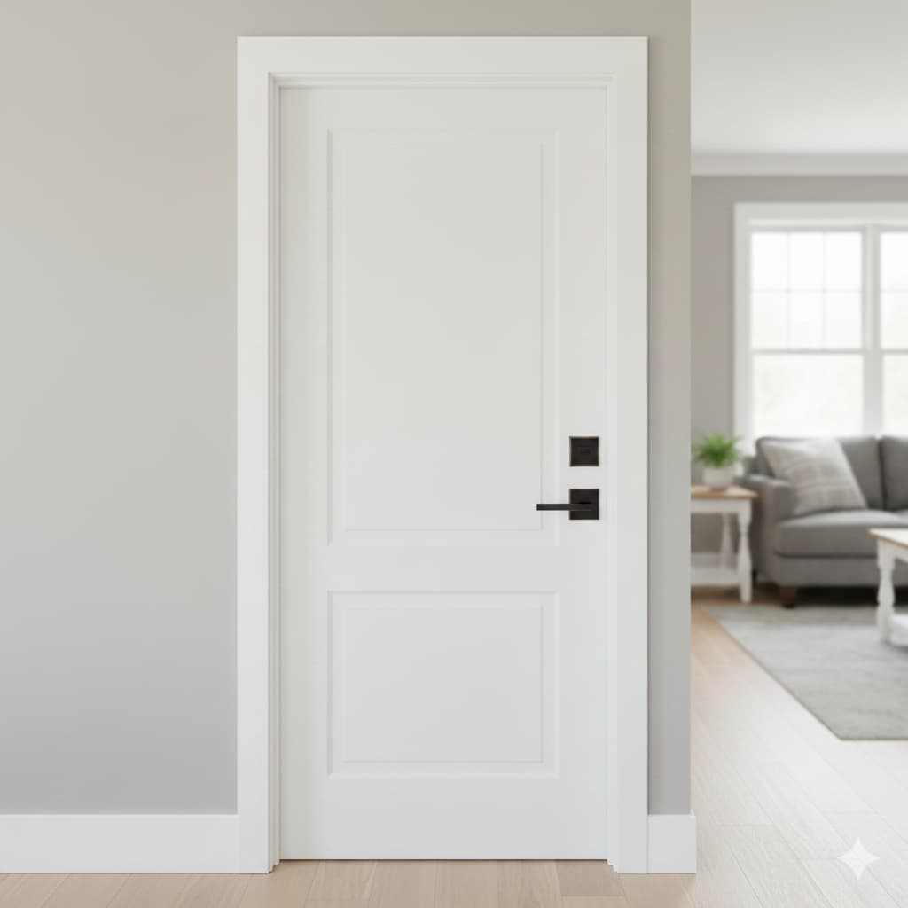 A perfectly aligned and repaired interior door in a Tulsa OK home, featuring clean white trim and professional hardware installation.
