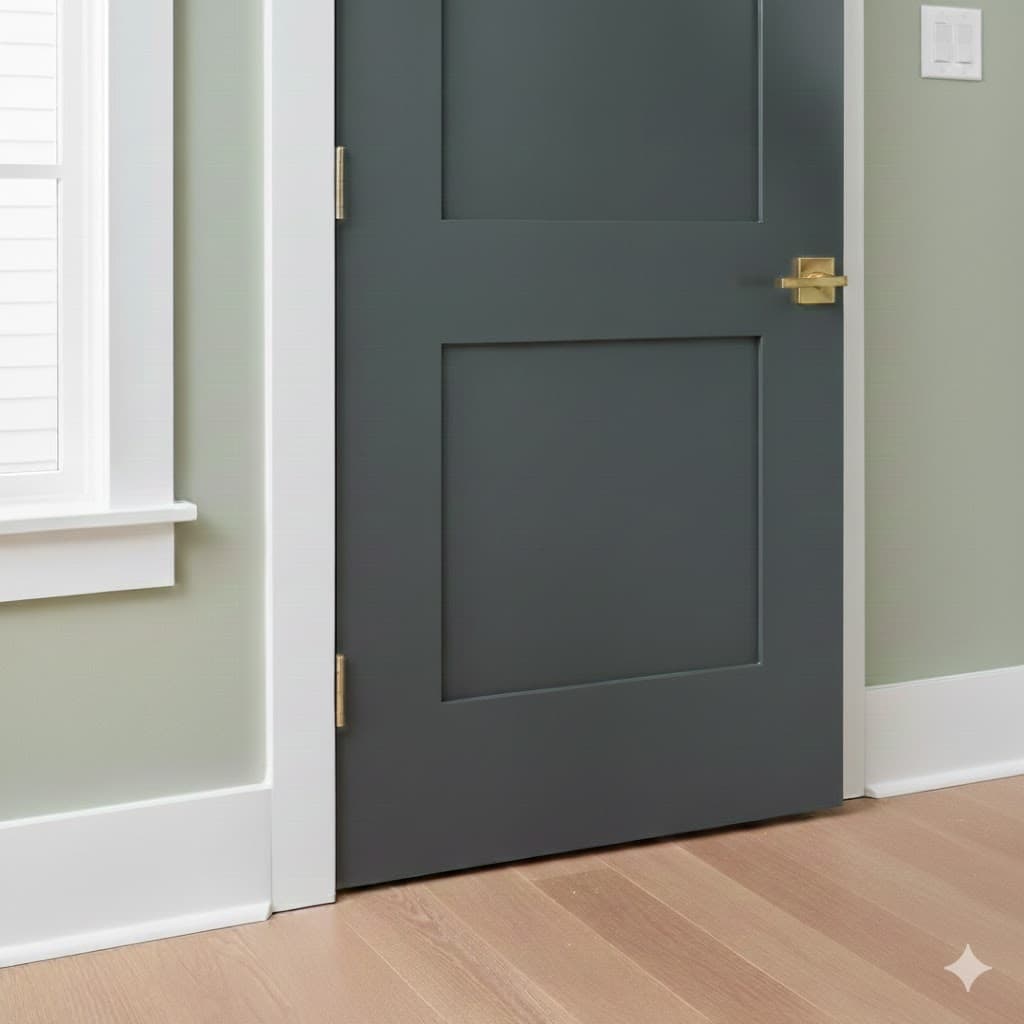 A perfectly aligned interior door with modern black hardware and crisp white trim, showcasing professional carpentry and finish work in a Tulsa home.