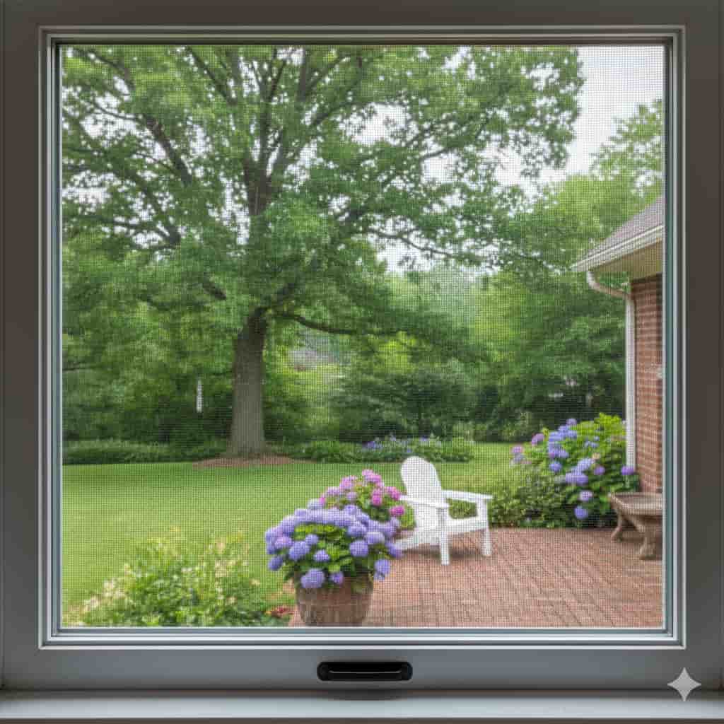 A newly installed, high-clarity window screen in a Tulsa home, providing a clear view of a lush green backyard while offering professional pest protection.