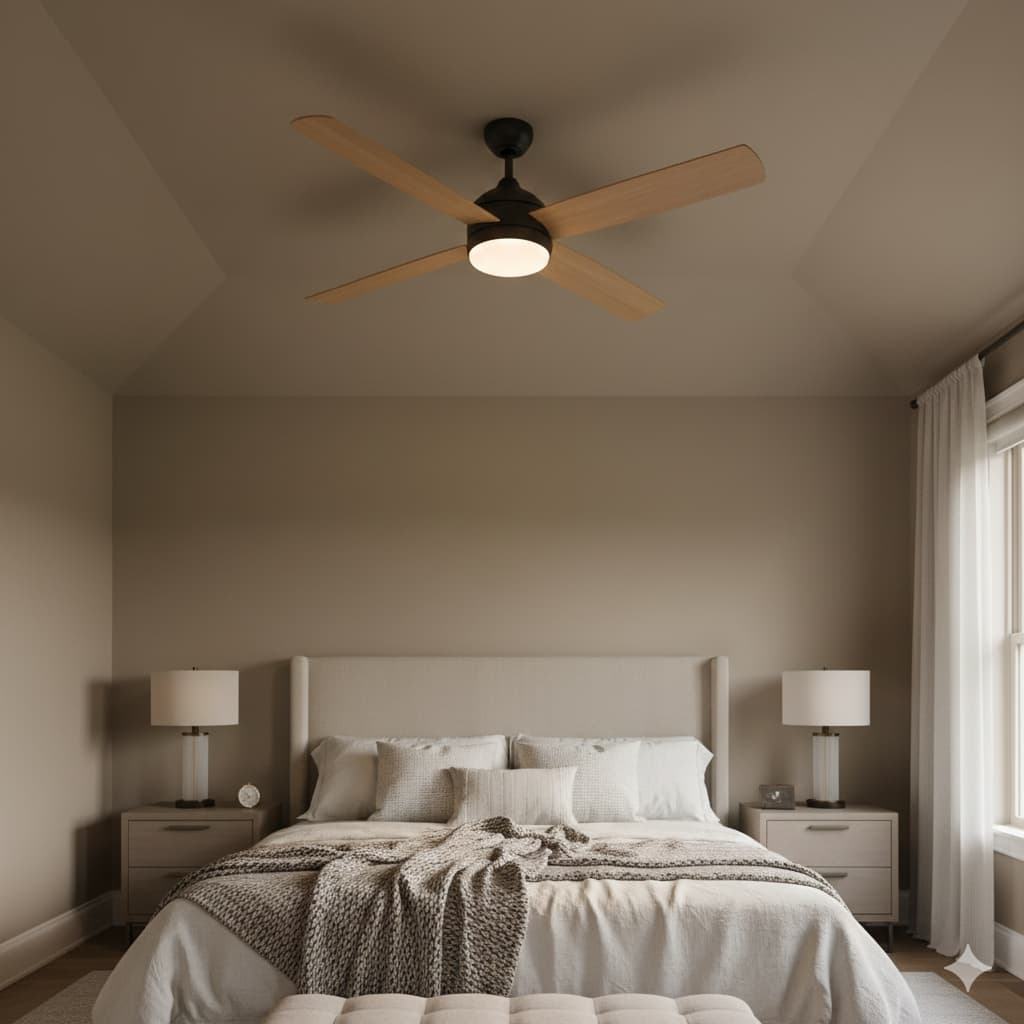 A professional ceiling fan replacement in a Tulsa master bedroom, featuring a modern 3-blade wood and black metal fan for a quiet, stylish home upgrade.