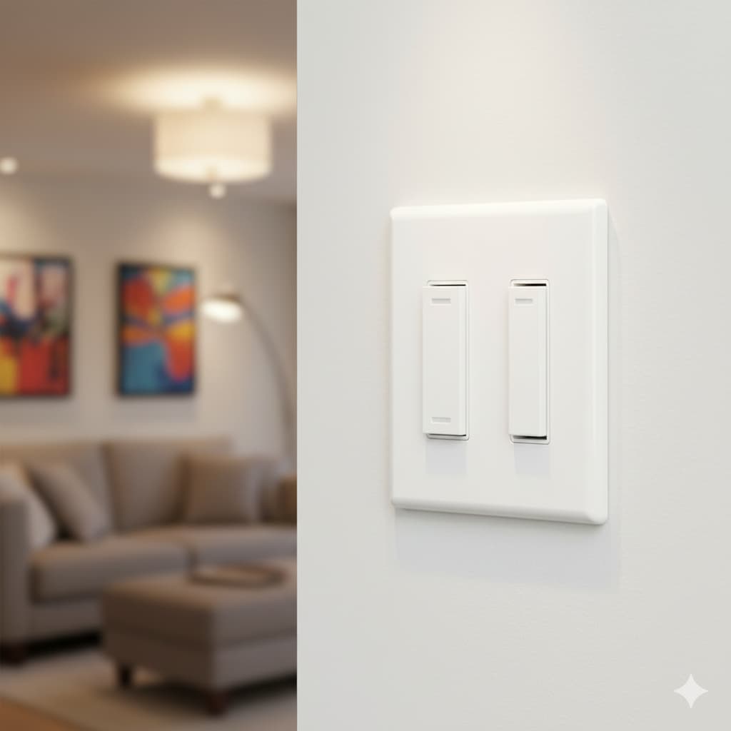 A sleek, modern white Decora dimmer switch with a slide control installed on a clean neutral wall, providing custom lighting control for a Tulsa home by HomeBase Tulsa.