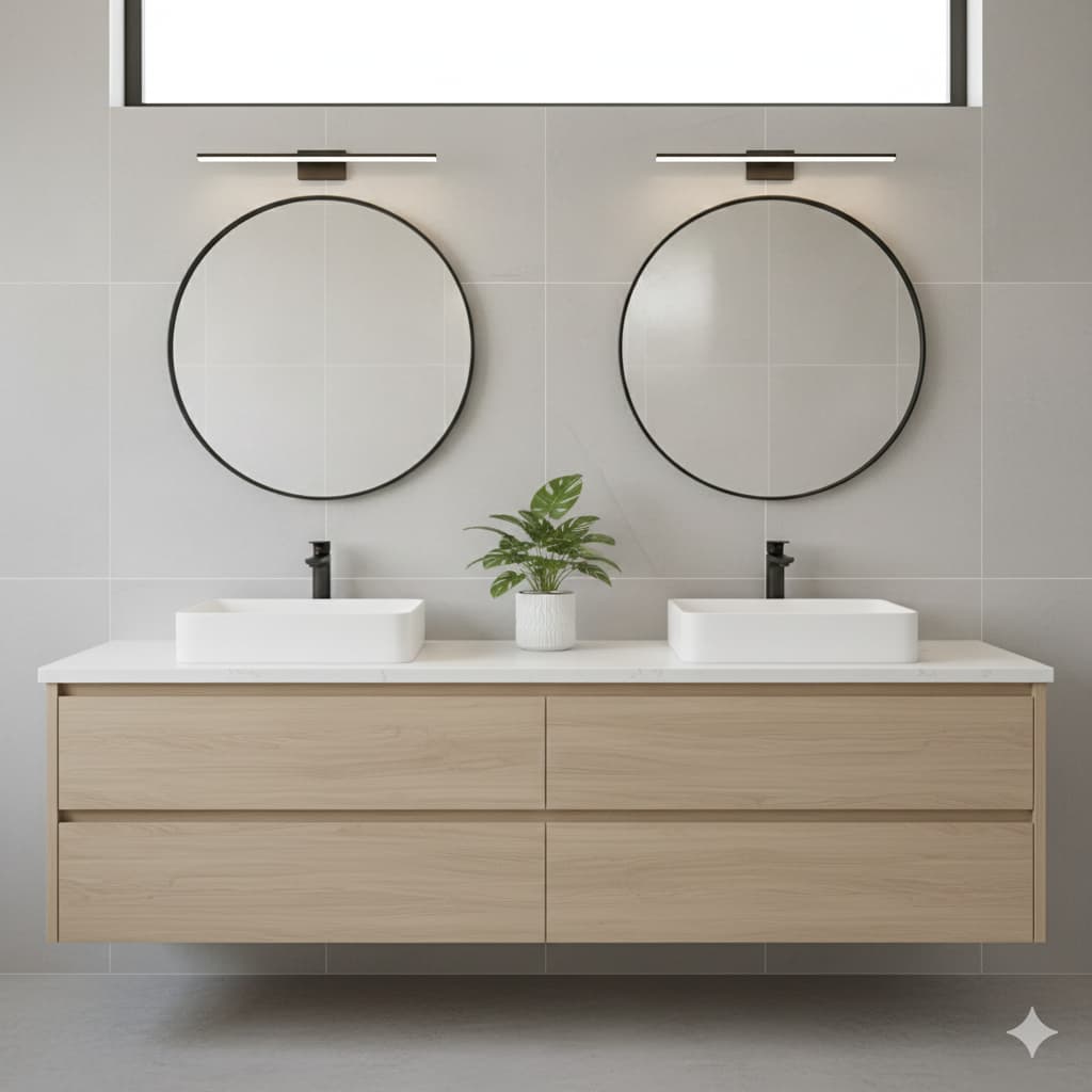 A professionally installed double vanity with modern matte black faucets and matching mirrors against a light gray bathroom wall in a Tulsa home.