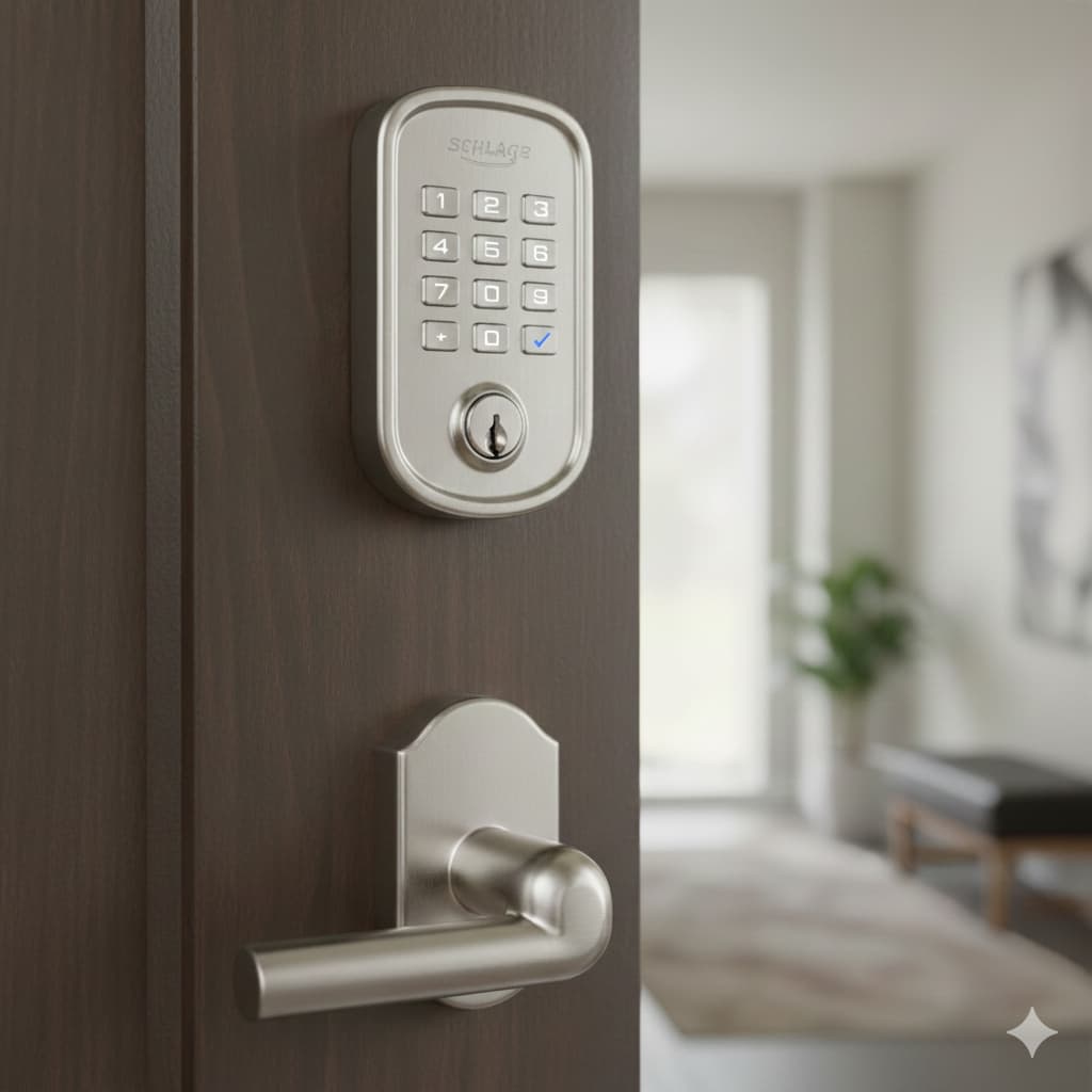 A professional installation of a Schlage Encode smart deadbolt on a modern dark wood door by HomeBase Tulsa, featuring a clean, keyless entry keypad.