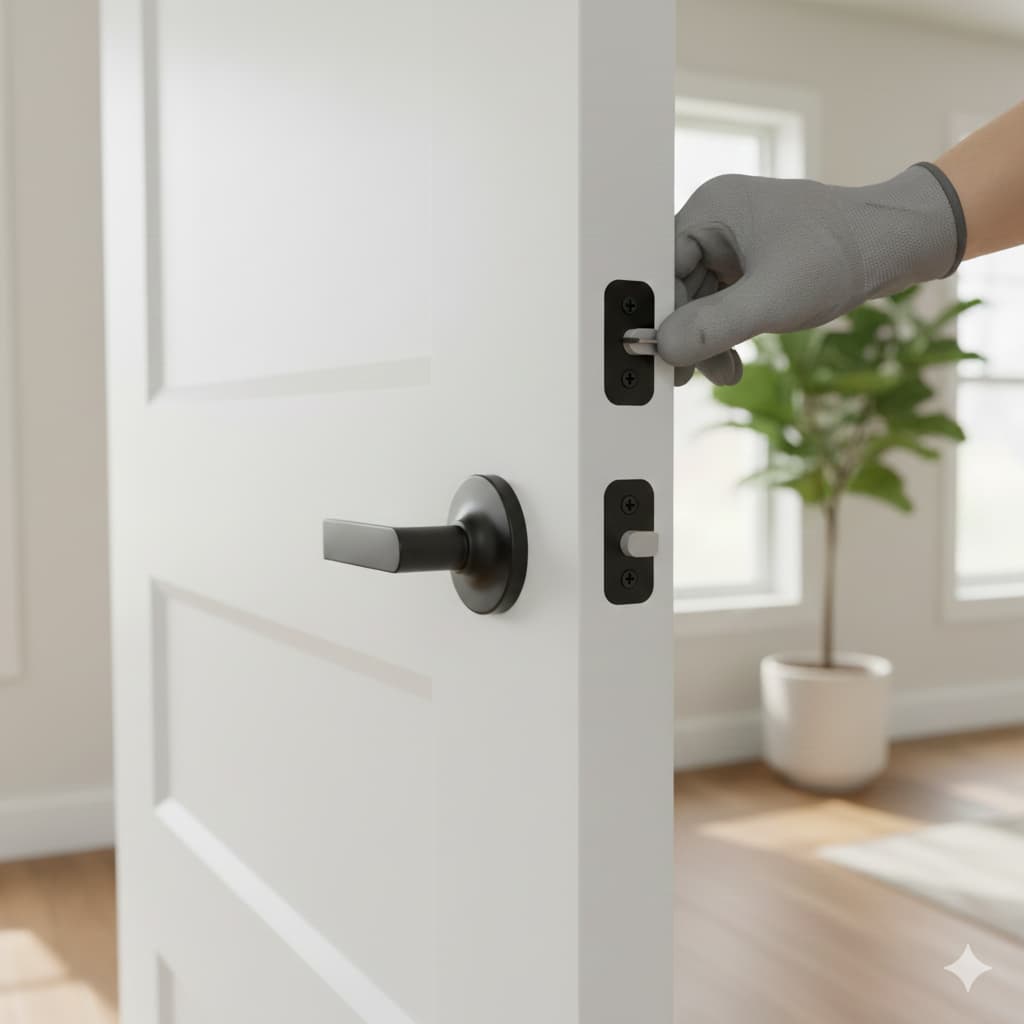 A professionally installed white shaker-style interior door with a modern matte black lever handle, showing perfect alignment and trim work in a Tulsa home.