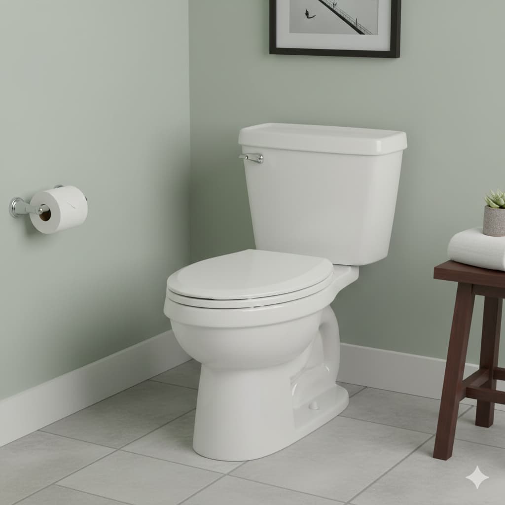 A clean, white standard toilet in a well-lit guest bathroom, representing the common residential fixtures serviced by HomeBase Tulsa.